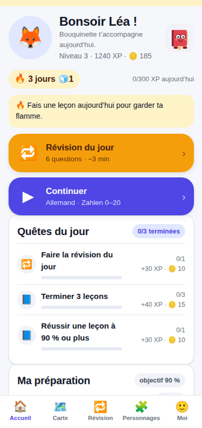 Écran d’accueil de l’app : flamme, quêtes du jour, révision et carte